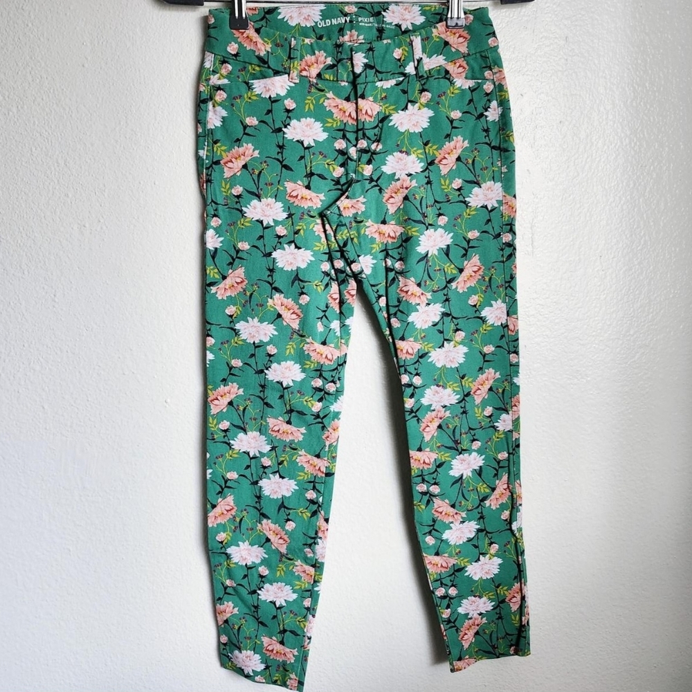 Old Navy Floral Pixie Pants Green Pink Ankle Crop Size 0 Cottagecore